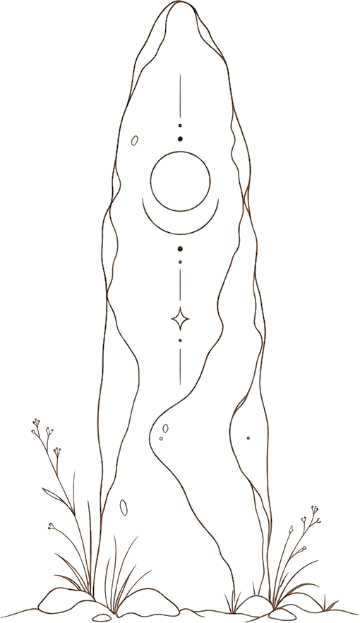 Pierre levée gravée de symboles célestes, traits fins encre