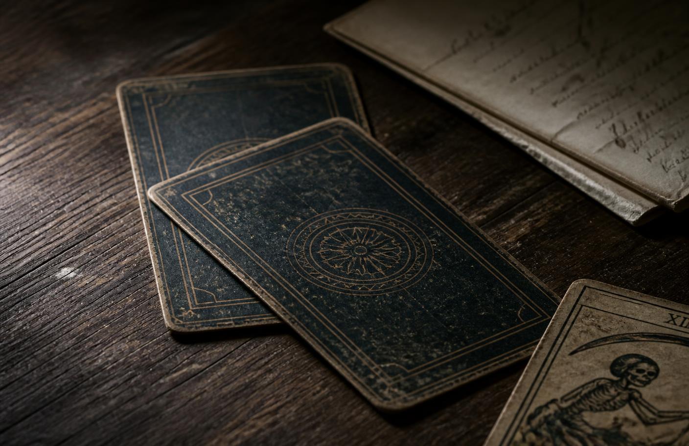 Deux cartes posées face cachée sur une table en bois, une troisième carte partiellement visible